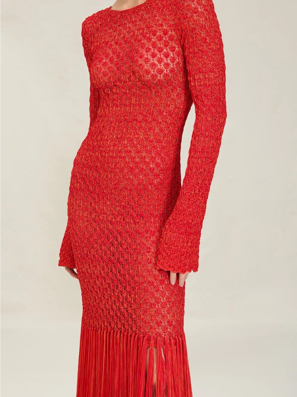 DEVON WINDSOR Red Long Sleeve Crochet Fringe Maxi Dress